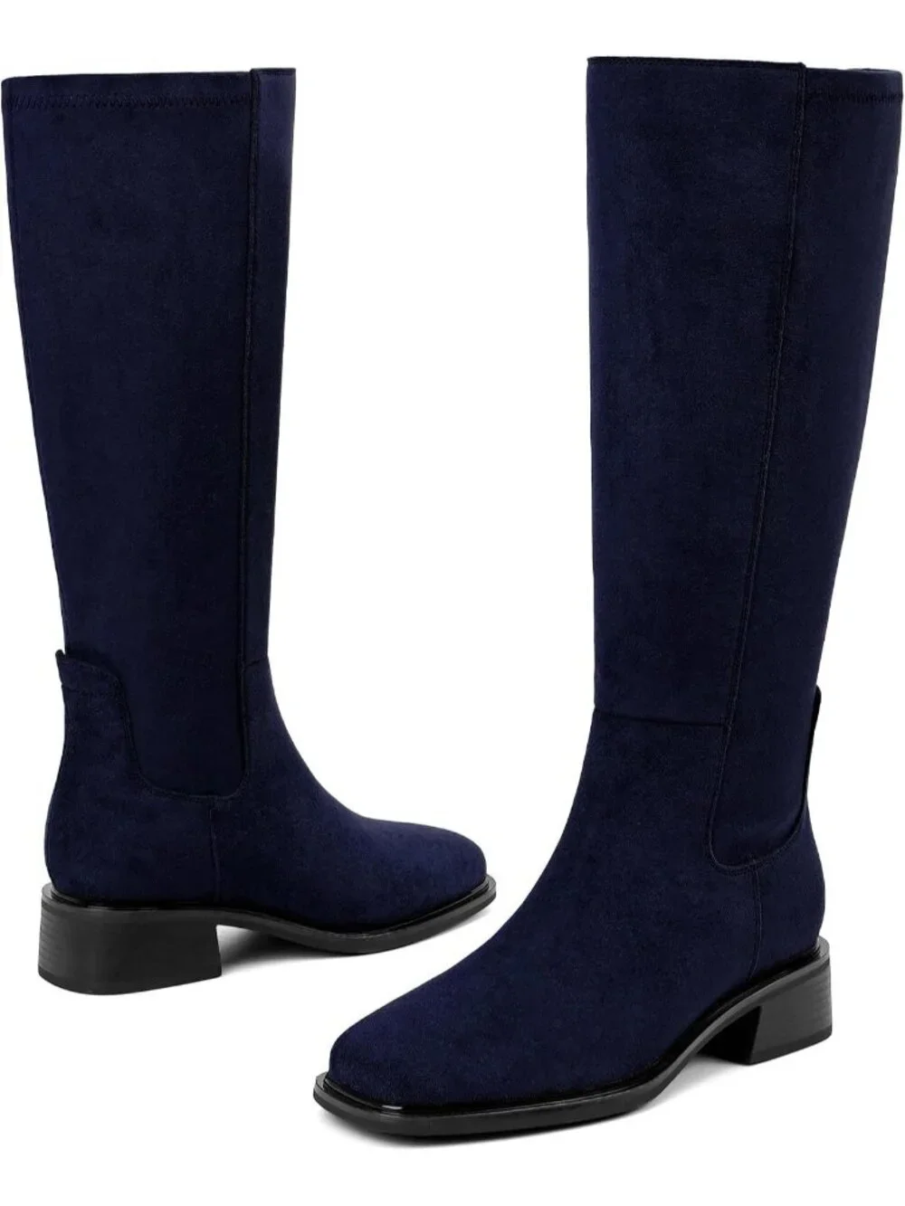 Women's Navy Faux Suede Square Toe Knee High Stretch With Side Zipper Boots